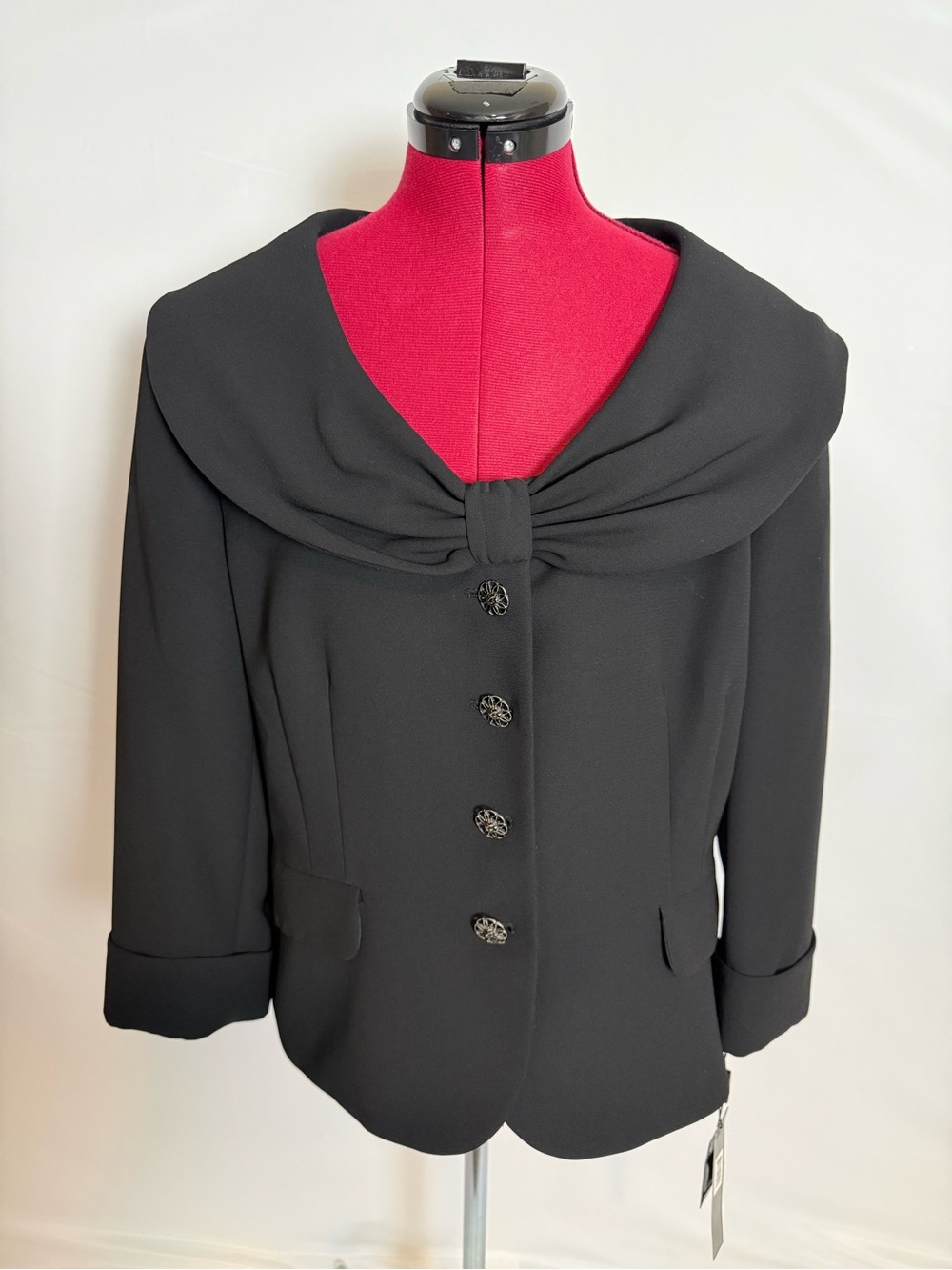 NWT Tahari ASL Blazer Women's Size 16 Black Draped Collar Decorative Buttons